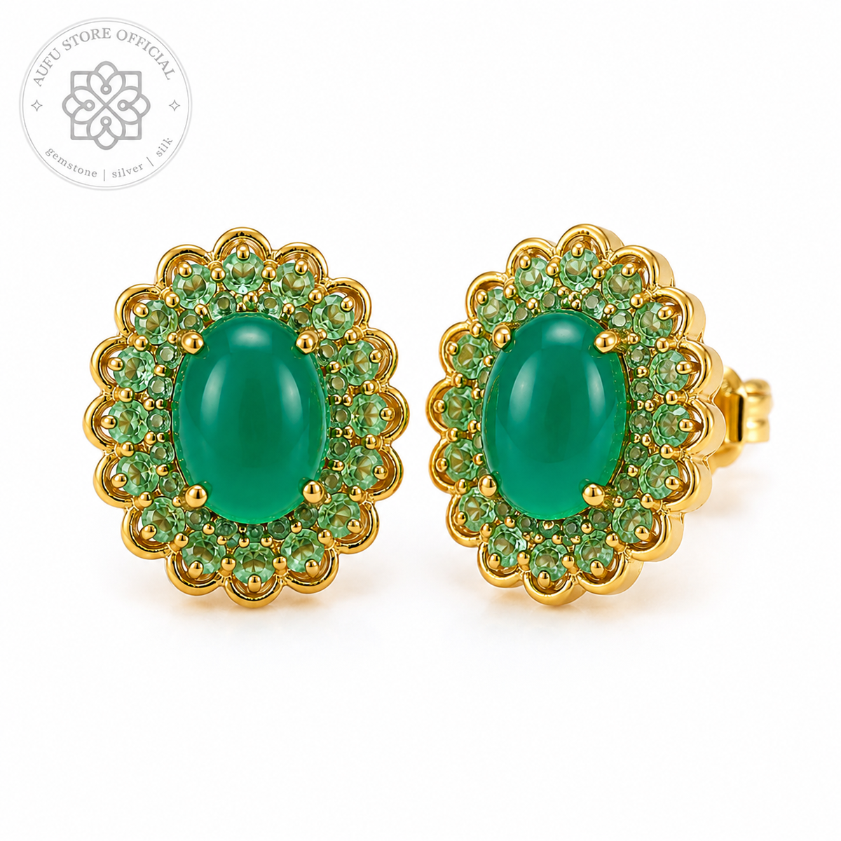 VANA AURELIA — Genuine Green Agate Floral Halo Stud Earrings วนา ออเรเลีย ต่างหูโมราเขียวแท้ดีไซน์ Floral Halo