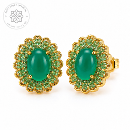 VANA AURELIA — Genuine Green Agate Floral Halo Stud Earrings วนา ออเรเลีย ต่างหูโมราเขียวแท้ดีไซน์ Floral Halo
