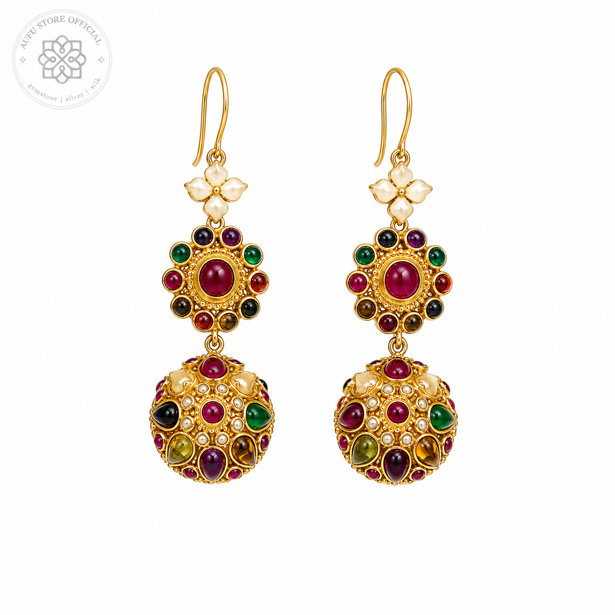 NAVARATNA KALA — Genuine Navaratna Multi-Gemstone Statement Drop Earrings นพรัตนกาลา ต่างหูพลอยนพเก้าแท้ ดีไซน์ Statement แบบห้อย