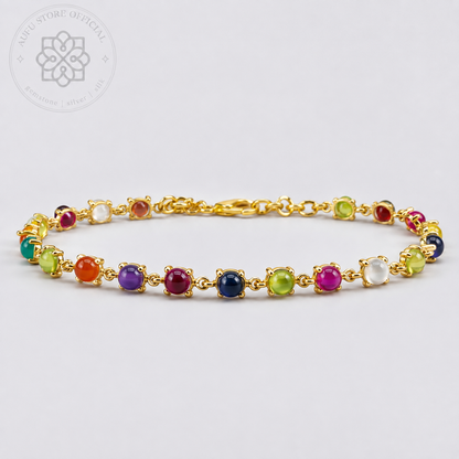 NAVARATNA ORBIT — Genuine Navaratna Cabochon Gemstone Bracelet นพรัตนมณฑล สร้อยข้อมือพลอยนพเก้าแท้ แบบเรียงพลอยหลังเบี้ย