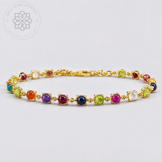 NAVARATNA ORBIT — Genuine Navaratna Cabochon Gemstone Bracelet นพรัตนมณฑล สร้อยข้อมือพลอยนพเก้าแท้ แบบเรียงพลอยหลังเบี้ย