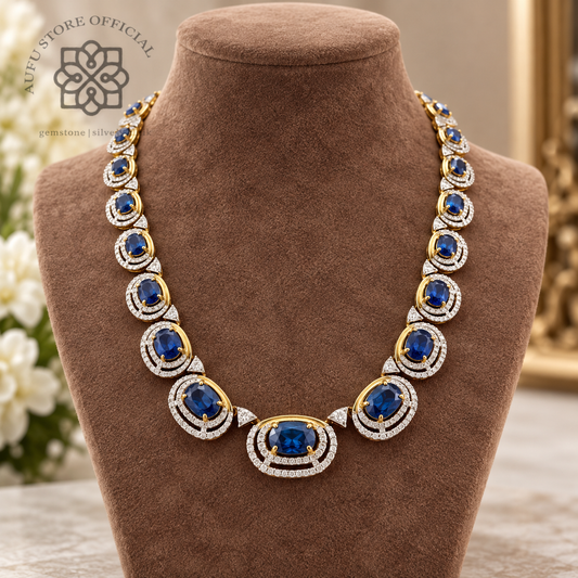 SAPPHIRE CELESTIA Necklace แซฟไฟร์ เซเลสเทีย — สร้อยคอไพลินเจียระไน ล้อมพลอยขาว ดีไซน์หรู