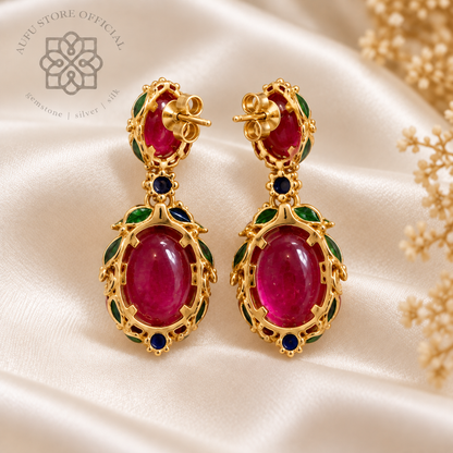 RUBY GARDEN ROYALE — Ruby Cabochon Floral Drop Earrings รูบี้ การ์เดน รอยัล ต่างหูทับทิม