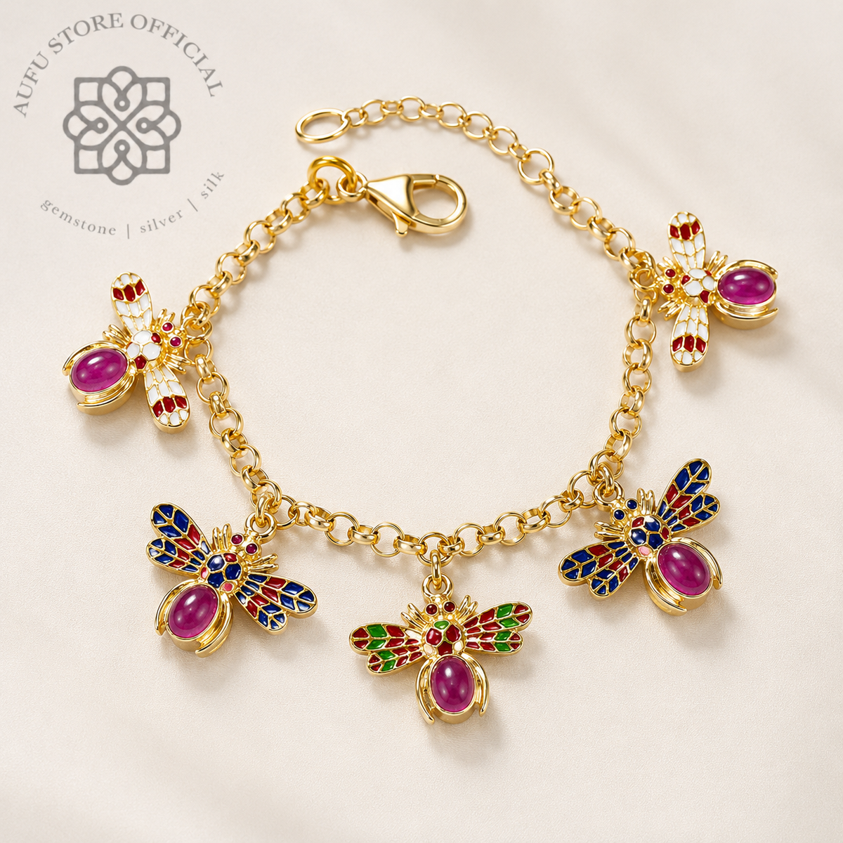 AURELIA FLIGHT — Genuine Gemstone Winged Charm Bracelet ออเรเลีย ไฟลต์ สร้อยข้อมือพลอยแท้ จี้แมลงมีปีกหลากสี