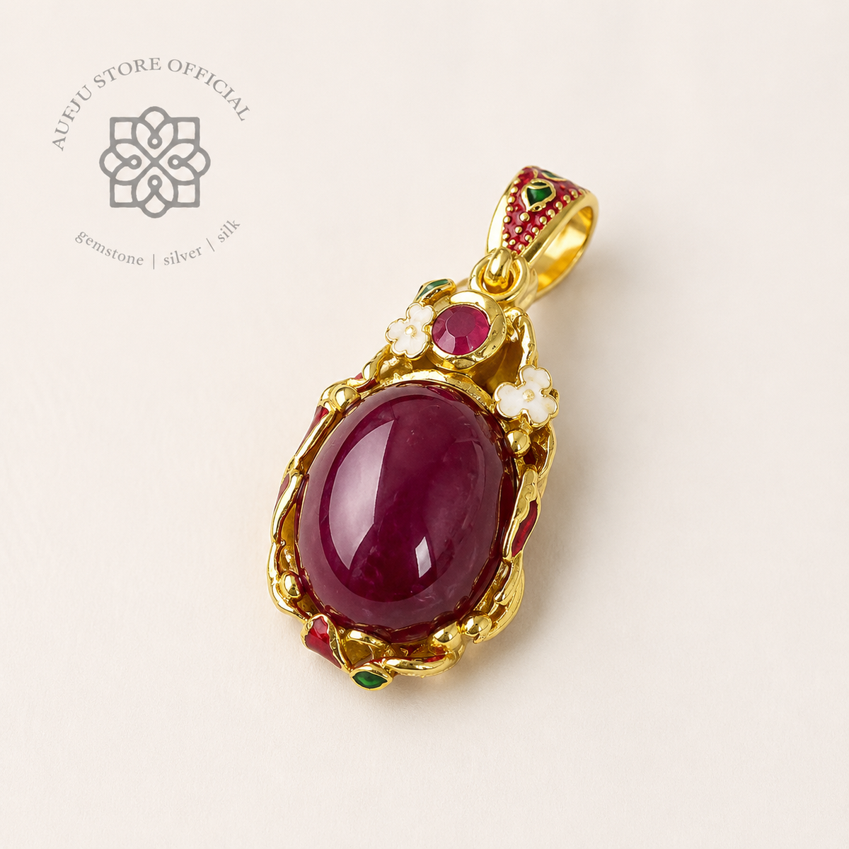 RUBINA CELESTE — Genuine Ruby Cabochon Ornamental Pendant รูบินา เซเลสเต จี้ทับทิมแท้หลังเบี้ย ดีไซน์ Ornamental