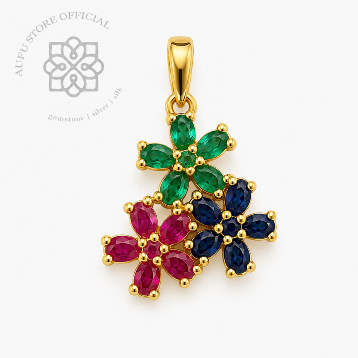 TRINITY BLOOM — Genuine Multi-Gemstone Three-Flower Pendant ทรินิตี้ บลูม จี้พลอยแท้สามสี ดีไซน์ดอกไม้ 3 ดอก