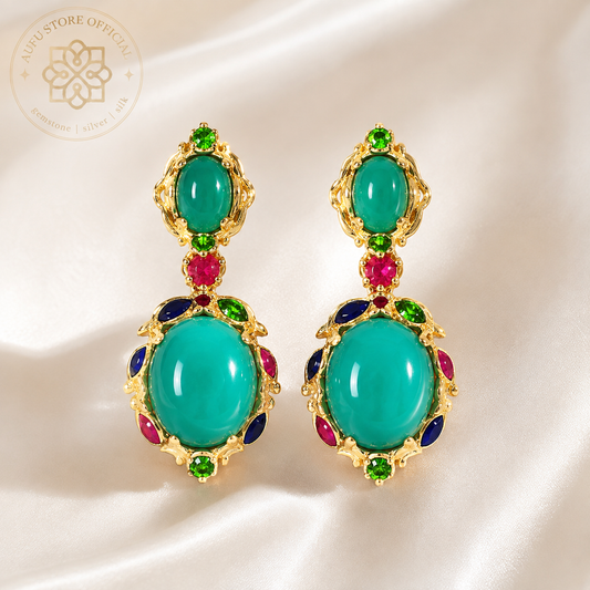 VERDANT MEADOW  Genuine Green Agate Multicolor Drop Earrings เวอร์แดนท์ เมโดว์ — ต่างหูพลอยแท้ โมราสีเขียว