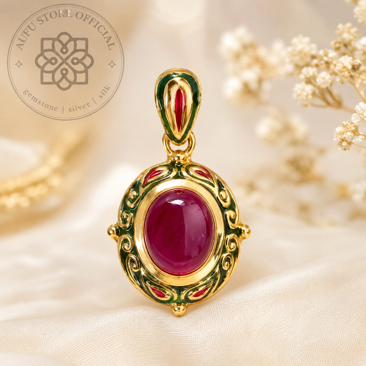 RUBINA VERDANT — Ruby Cabochon Heritage Pendant รูบินา เวอร์แดนท์ — จี้ทับทิมทรงรี ดีไซน์ Heritage Ornamental