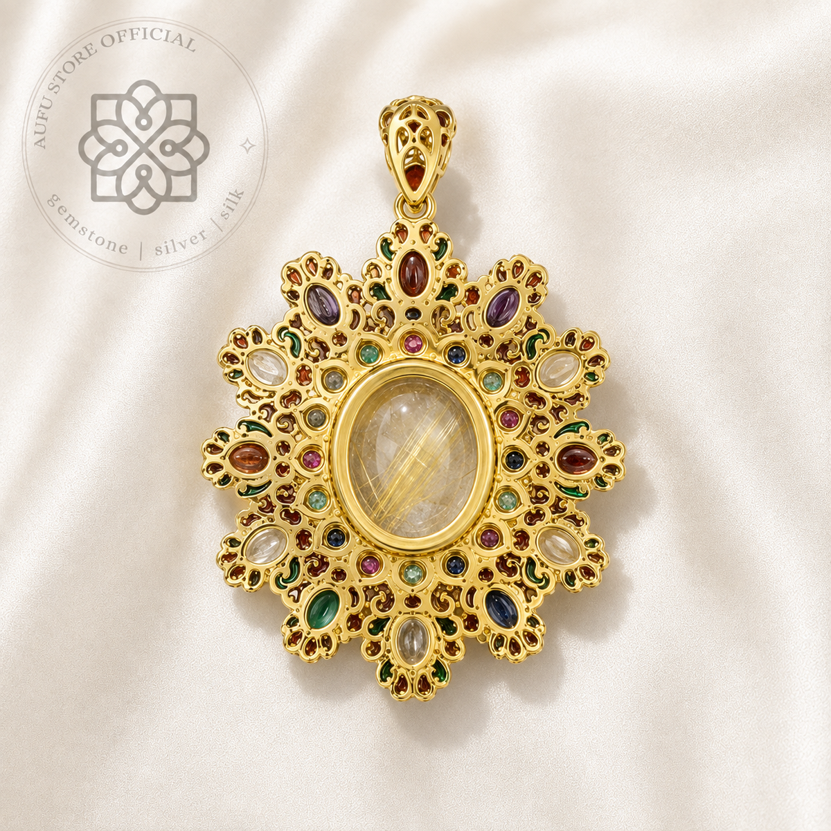 GOLDEN RUTILA NAVARATNA โกลเด้น รูทิลา นวรัตน์ — จี้ไหมทองล้อมพลอยนพเก้า