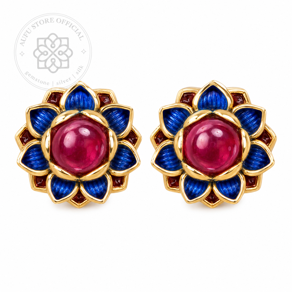 RUBINA NILPADMA — Genuine Ruby Floral Statement Stud Earrings รูบินา นิลปัทมา  ต่างหูทับทิมแท้ดีไซน์ดอกไม้