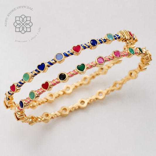 RATANA DUET — Genuine Multi-Gemstone Double-Line Bangle Bracelet รัตนดูเอ็ต  กำไลข้อมือพลอยแท้หลากสี ดีไซน์เส้นคู่