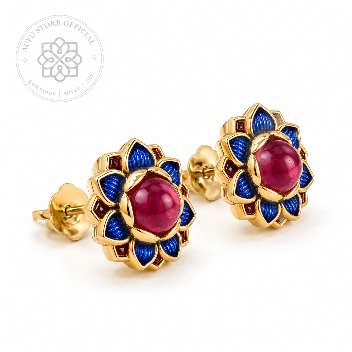 RUBINA NILPADMA — Genuine Ruby Floral Statement Stud Earrings รูบินา นิลปัทมา  ต่างหูทับทิมแท้ดีไซน์ดอกไม้
