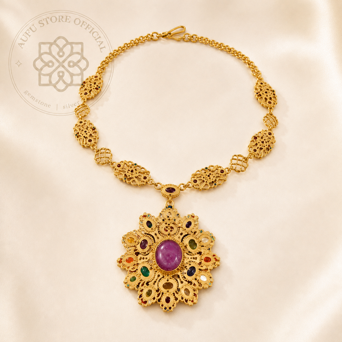 RATANARAJ NAVARATNA — Ruby &amp; Nine-Gem Heritage Statement Necklace RATANARAJ NAVARATNA รัตนราช นวรัตน์  สร้อยคอทับทิม นพเก้ารัตนชาติ