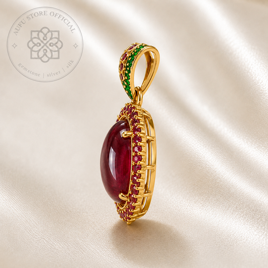 AURELIA CRIMSON ออเรเลีย คริมสัน — จี้ทับทิมสีแดงเข้มโทนเลือดนก ทรงรีล้อม Halo