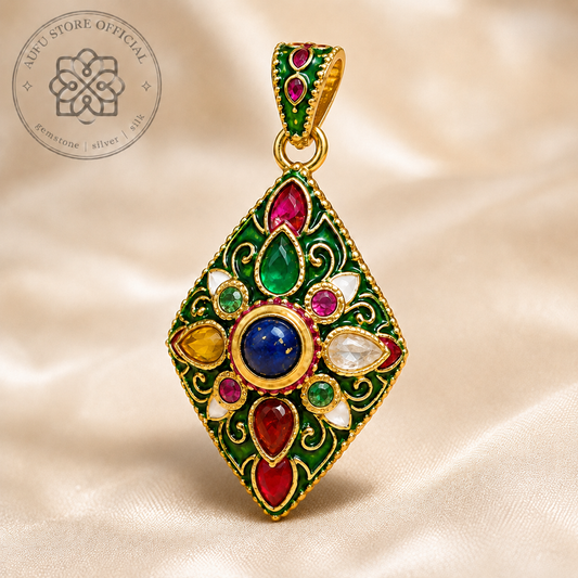 Nine-Gem Multicolor Pendant with Green Ornamental Design จี้นพเก้าพลอยหลากสี ดีไซน์ลายไทยประดับสีเขียว