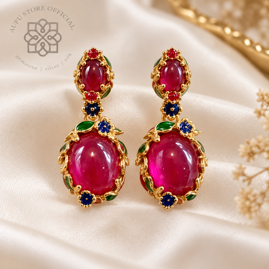 RUBY GARDEN ROYALE — Ruby Cabochon Floral Drop Earrings รูบี้ การ์เดน รอยัล ต่างหูทับทิม