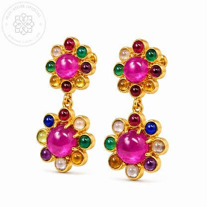 RATANA BLOOM — Colorful Multi-Gemstone Floral Drop Earrings รัตนบุปผา  ต่างหูพลอยหลากสีดีไซน์ดอกไม้