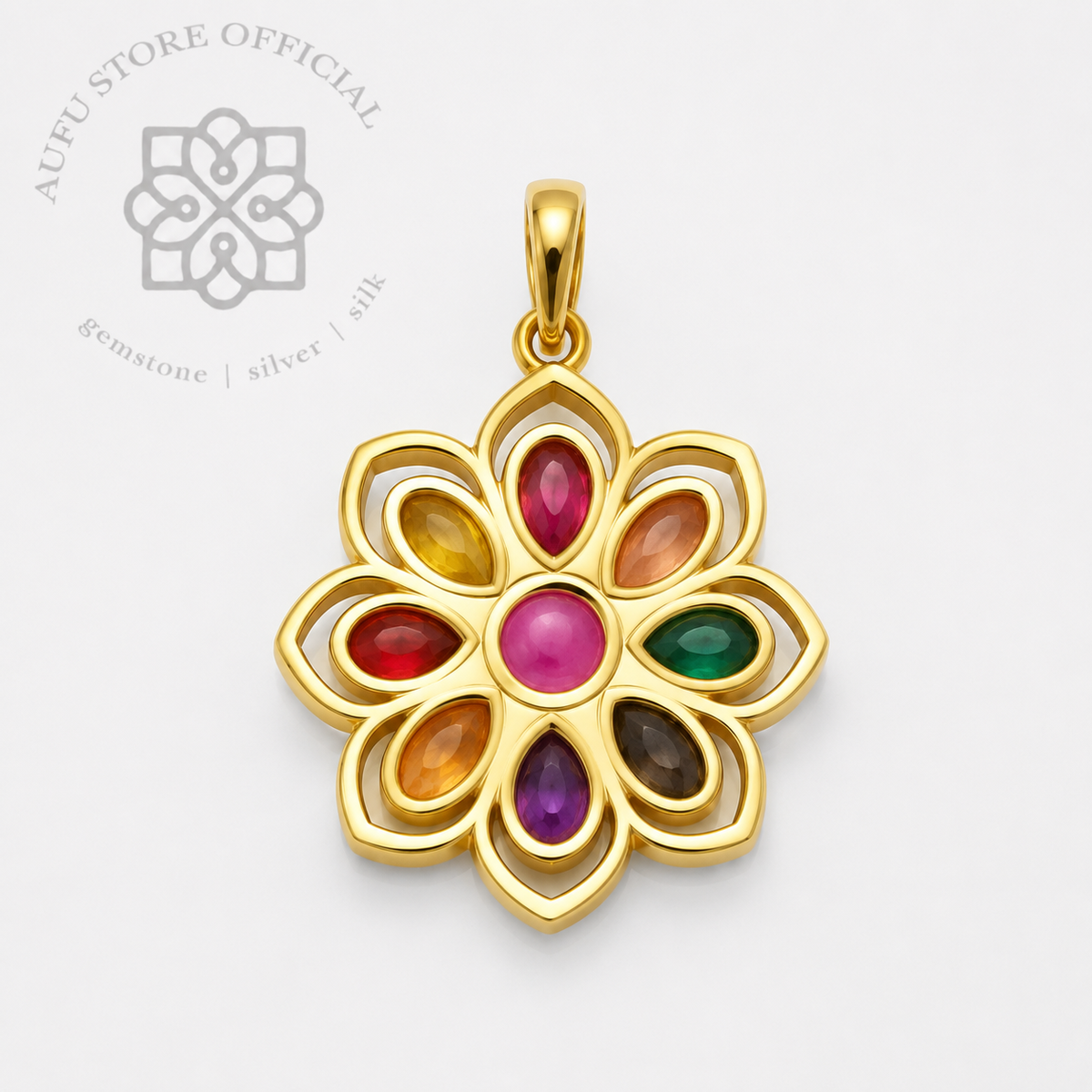 NAVARATNA BLOOM — Nine-Color Gemstone Floral Pendant นวรัตนบุปผา  จี้พลอย 9 สี ดีไซน์ดอกไม้นพเก้า