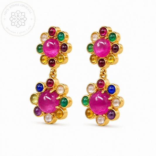 RATANA BLOOM — Colorful Multi-Gemstone Floral Drop Earrings รัตนบุปผา  ต่างหูพลอยหลากสีดีไซน์ดอกไม้