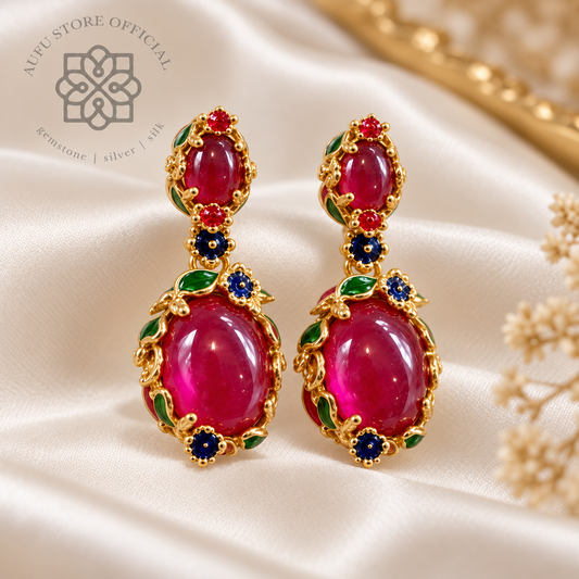 RUBY GARDEN ROYALE — Ruby Cabochon Floral Drop Earrings รูบี้ การ์เดน รอยัล ต่างหูทับทิม