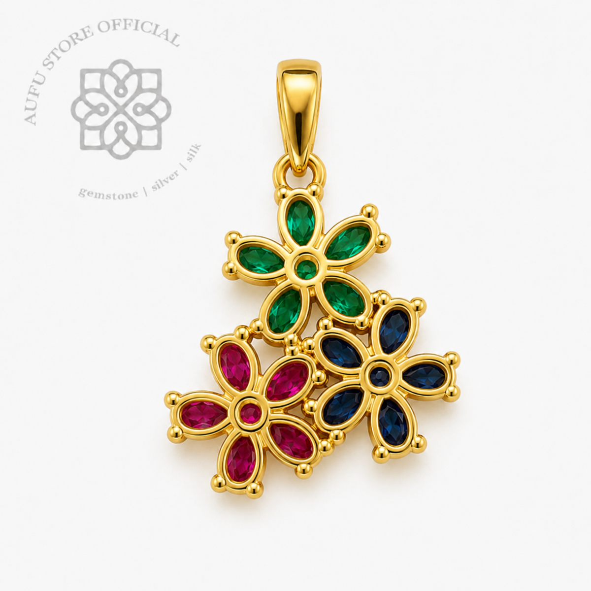 TRINITY BLOOM — Genuine Multi-Gemstone Three-Flower Pendant ทรินิตี้ บลูม จี้พลอยแท้สามสี ดีไซน์ดอกไม้ 3 ดอก