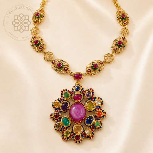 RATANARAJ NAVARATNA — Ruby &amp; Nine-Gem Heritage Statement Necklace RATANARAJ NAVARATNA รัตนราช นวรัตน์  สร้อยคอทับทิม นพเก้ารัตนชาติ