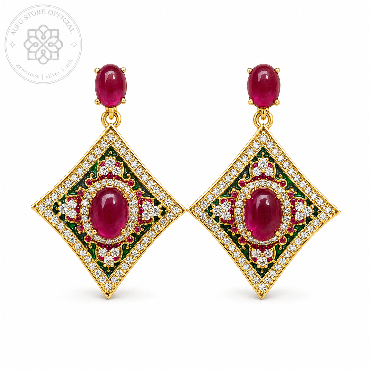 RATANA MANDALA — Red Gemstone Ornamental Diamond Drop Earrings รัตนมันดาลา ต่างหูพลอยสีแดงทรงข้าวหลามตัด