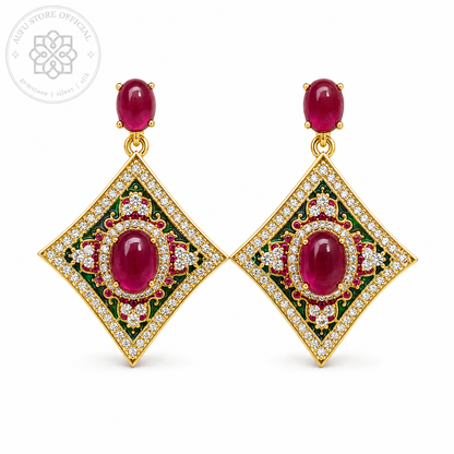 RATANA MANDALA — Red Gemstone Ornamental Diamond Drop Earrings รัตนมันดาลา ต่างหูพลอยสีแดงทรงข้าวหลามตัด