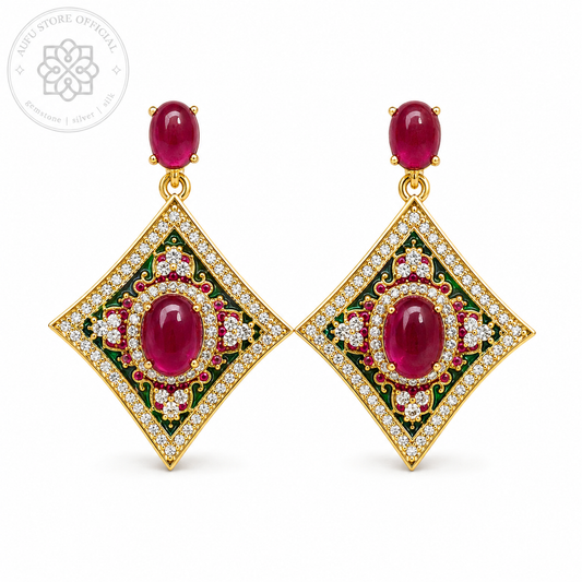 RATANA MANDALA — Red Gemstone Ornamental Diamond Drop Earrings รัตนมันดาลา ต่างหูพลอยสีแดงทรงข้าวหลามตัด