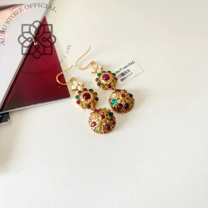 NAVARATNA KALA — Genuine Navaratna Multi-Gemstone Statement Drop Earrings นพรัตนกาลา ต่างหูพลอยนพเก้าแท้ ดีไซน์ Statement แบบห้อย