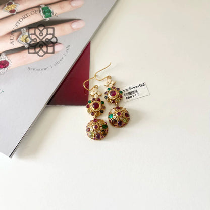NAVARATNA KALA — Genuine Navaratna Multi-Gemstone Statement Drop Earrings นพรัตนกาลา ต่างหูพลอยนพเก้าแท้ ดีไซน์ Statement แบบห้อย