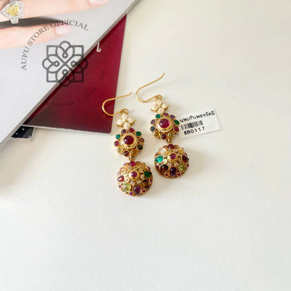 NAVARATNA KALA — Genuine Navaratna Multi-Gemstone Statement Drop Earrings นพรัตนกาลา ต่างหูพลอยนพเก้าแท้ ดีไซน์ Statement แบบห้อย