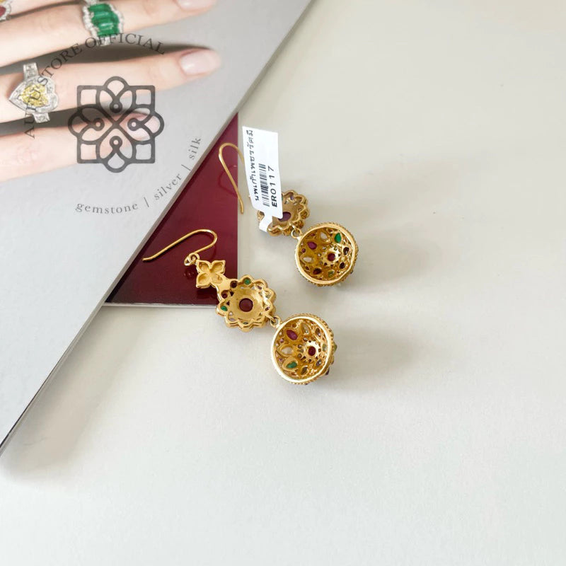 NAVARATNA KALA — Genuine Navaratna Multi-Gemstone Statement Drop Earrings นพรัตนกาลา ต่างหูพลอยนพเก้าแท้ ดีไซน์ Statement แบบห้อย