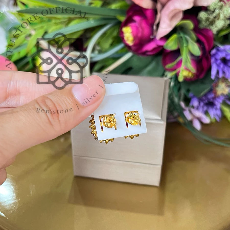 RUBY BLOSSOM CELESTE — Genuine Ruby Cabochon Halo Stud Earrings รูบี้ บลอสซัม เซเลสต์  ต่างหูทับทิมแท้ กิมบ่เซี่ยง
