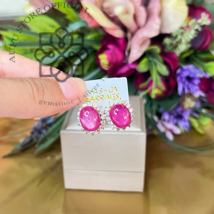 RUBY BLOSSOM CELESTE — Genuine Ruby Cabochon Halo Stud Earrings รูบี้ บลอสซัม เซเลสต์  ต่างหูทับทิมแท้ กิมบ่เซี่ยง