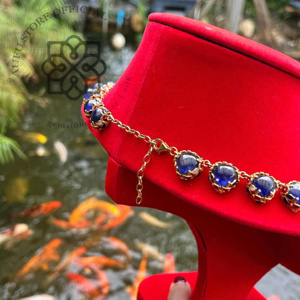 NILA CHANDRA — Genuine Sapphire Cabochon Link Necklace นิลจันทรา สร้อยคอไพลินแท้ทรงกลมหลังเบี้ย