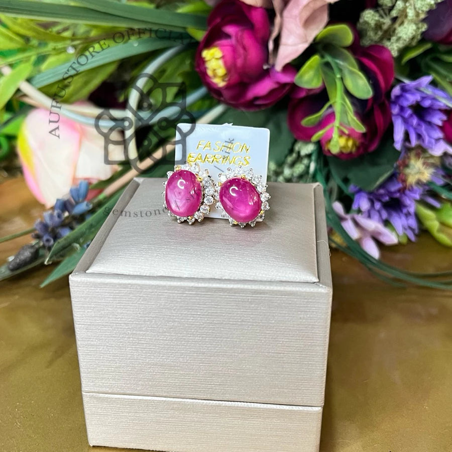 RUBY BLOSSOM CELESTE — Genuine Ruby Cabochon Halo Stud Earrings รูบี้ บลอสซัม เซเลสต์  ต่างหูทับทิมแท้ กิมบ่เซี่ยง