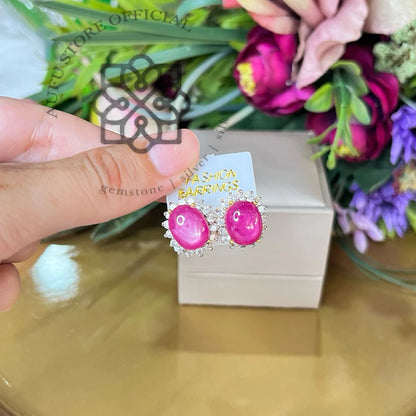 RUBY BLOSSOM CELESTE — Genuine Ruby Cabochon Halo Stud Earrings รูบี้ บลอสซัม เซเลสต์  ต่างหูทับทิมแท้ กิมบ่เซี่ยง