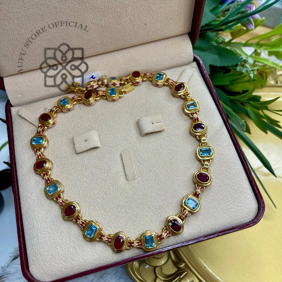 SANDHYA RATTANA — Genuine Ruby &amp; London Blue Topaz Half-Rivière Necklace สร้อยคอทับทิมแท้และลอนดอนบลูโทพาส