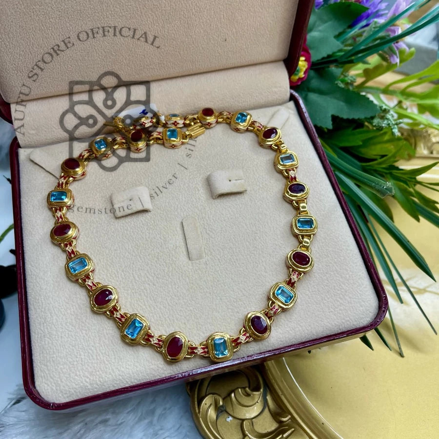 SANDHYA RATTANA — Genuine Ruby &amp; London Blue Topaz Half-Rivière Necklace สร้อยคอทับทิมแท้และลอนดอนบลูโทพาส