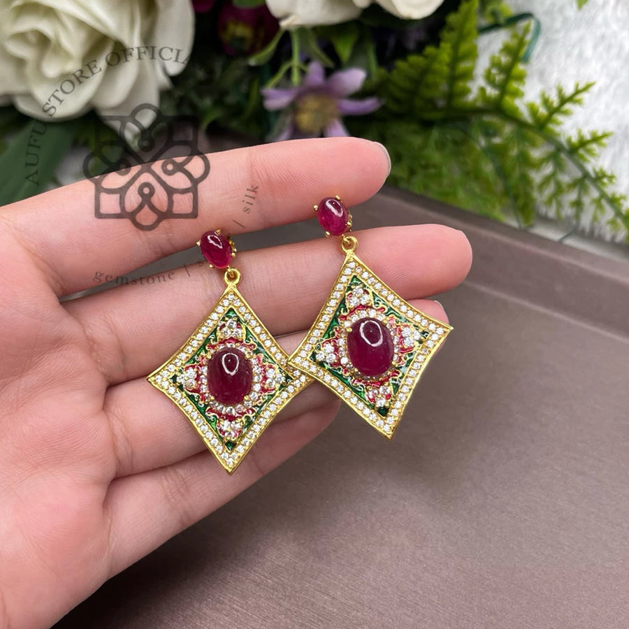 RATANA MANDALA — Red Gemstone Ornamental Diamond Drop Earrings รัตนมันดาลา ต่างหูพลอยสีแดงทรงข้าวหลามตัด