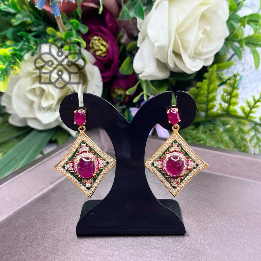 RATANA MANDALA — Red Gemstone Ornamental Diamond Drop Earrings รัตนมันดาลา ต่างหูพลอยสีแดงทรงข้าวหลามตัด