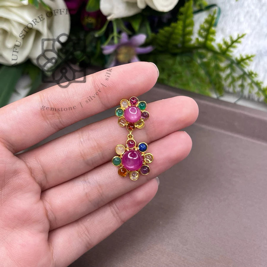 RATANA BLOOM — Colorful Multi-Gemstone Floral Drop Earrings รัตนบุปผา  ต่างหูพลอยหลากสีดีไซน์ดอกไม้