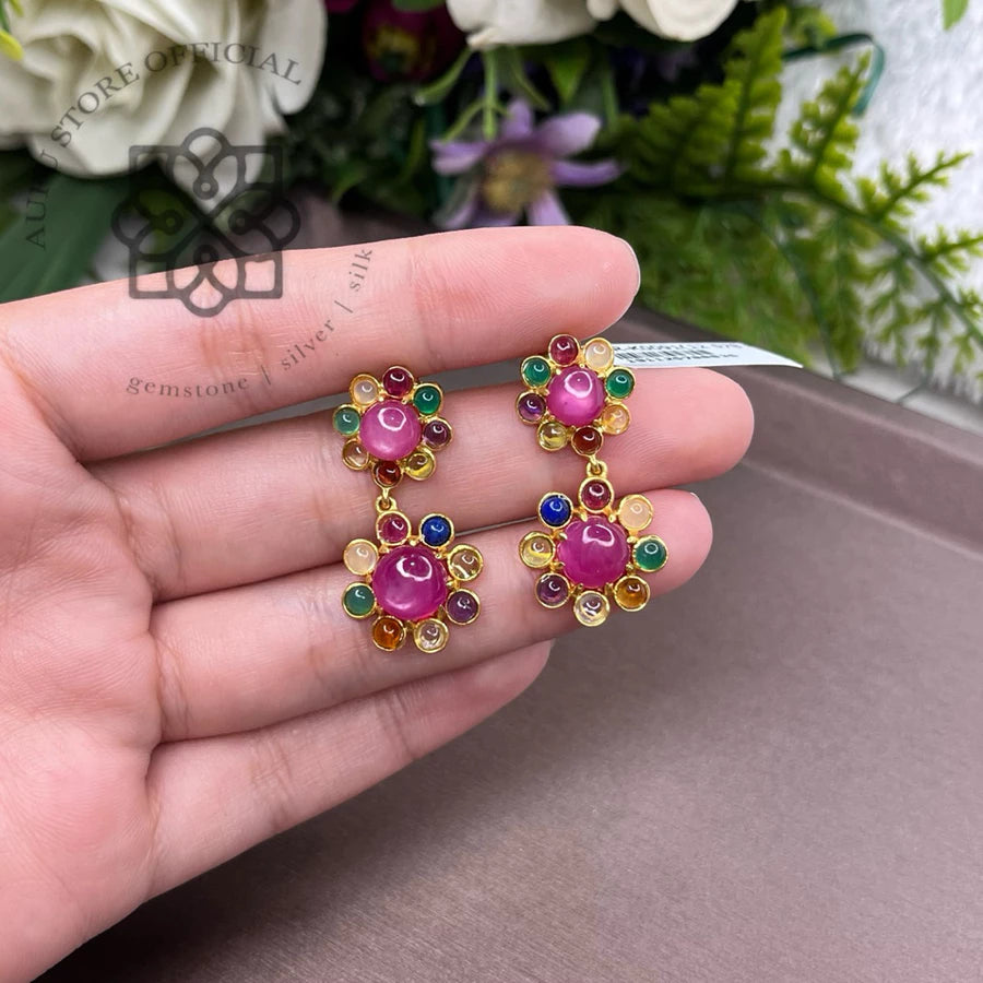 RATANA BLOOM — Colorful Multi-Gemstone Floral Drop Earrings รัตนบุปผา  ต่างหูพลอยหลากสีดีไซน์ดอกไม้