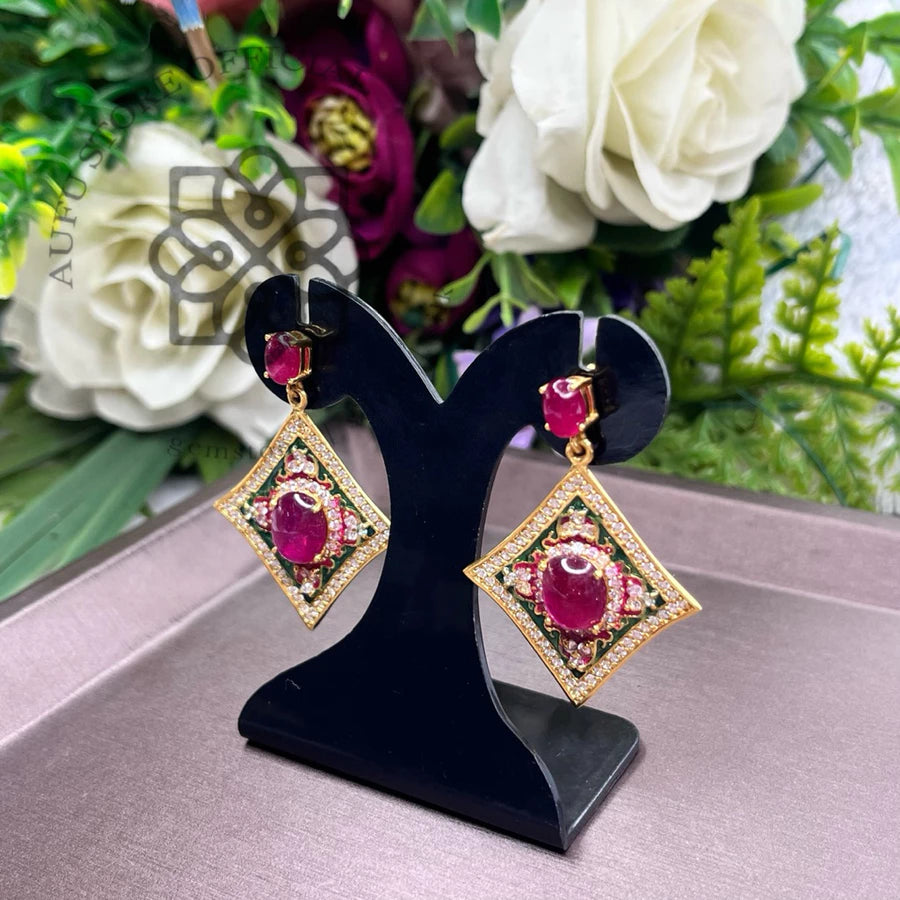 RATANA MANDALA — Red Gemstone Ornamental Diamond Drop Earrings รัตนมันดาลา ต่างหูพลอยสีแดงทรงข้าวหลามตัด